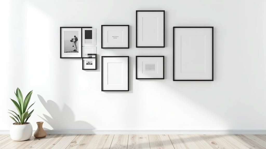Parede branca com molduras pretas de diferentes tamanhos contendo fotografias e arte em branco e preto