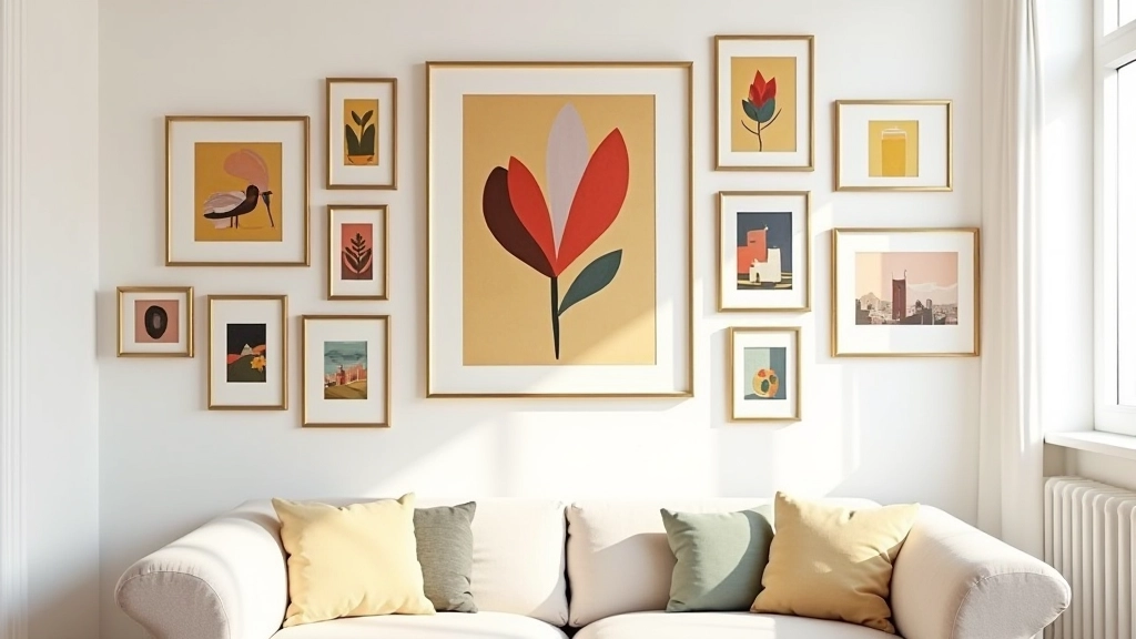 Parede de galeria com molduras douradas contendo arte colorida e abstrata em tons quentes