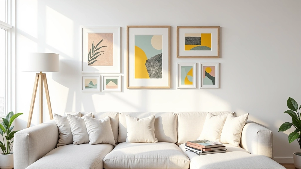 Interior de sala de estar moderna com parede de galeria branca e molduras variadas contendo arte colorida