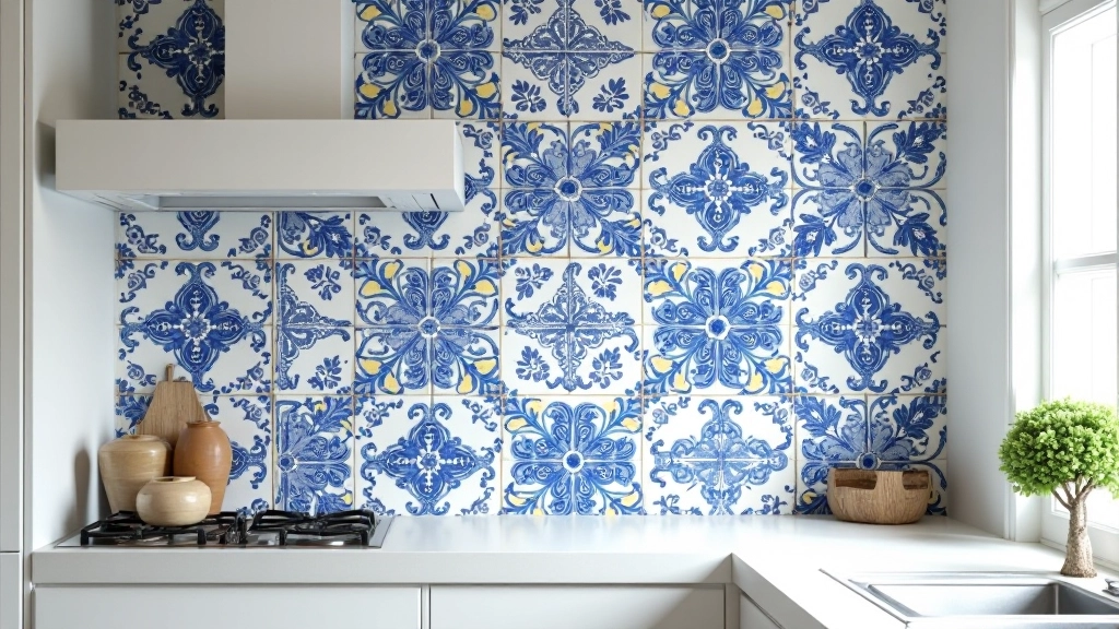 Parede de azulejos decorativos azuis em padrão floral tradicional português em cozinha moderna