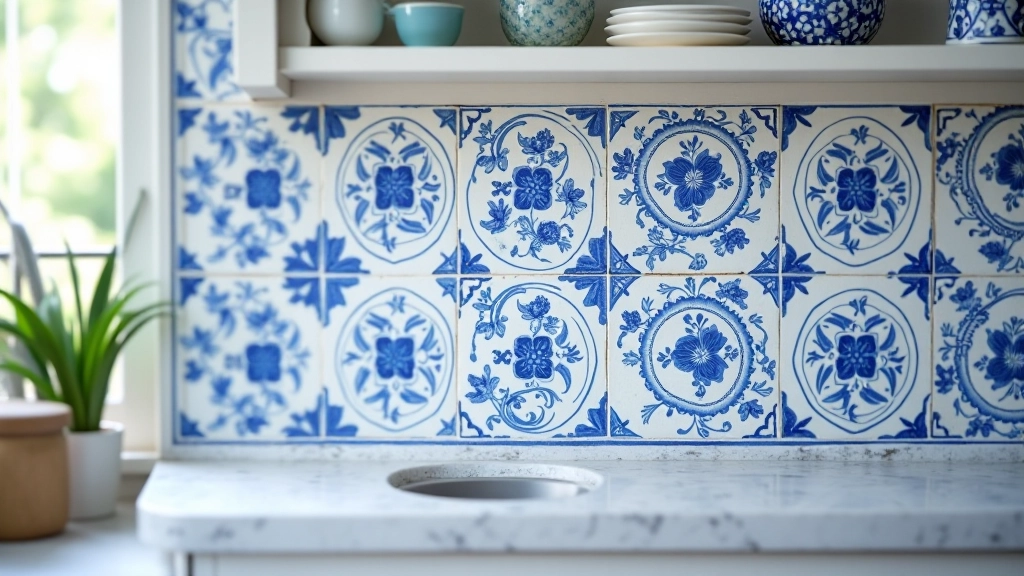 Detalhe de azulejos portugueses tradicionais azuis e brancos em uma parede de cozinha com padrões geométricos